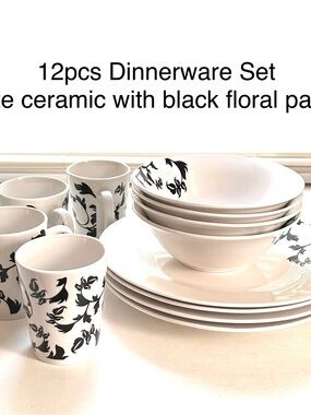 12pc Elegant White Dinnerware Set Black Floral Pattern Bowls Plates Cups